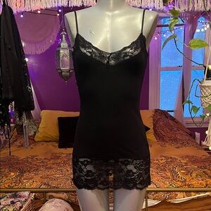 Vintage Y2K Goth Grunge black lace trim long layering camisole cami tank top